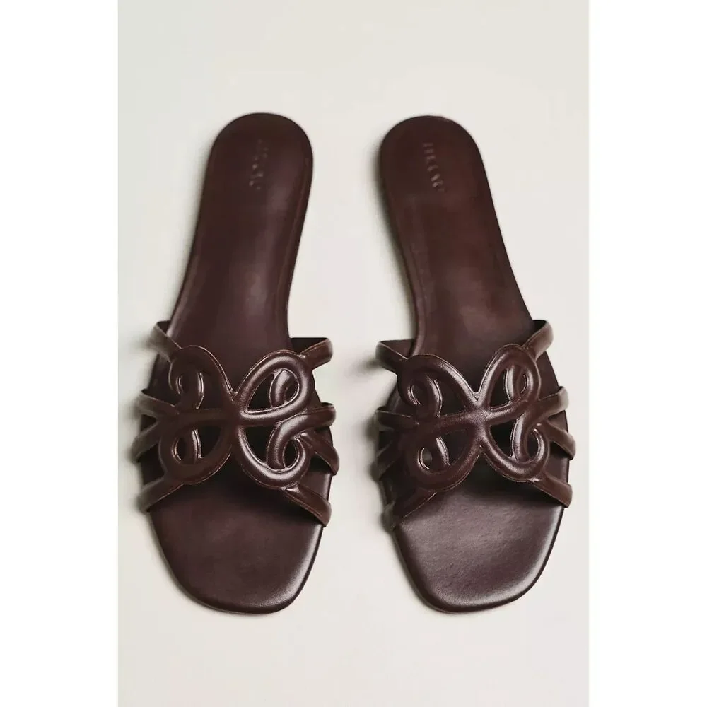 NIB Maeve Anthropologie Logo Dark Brown Leather Slide Sandals Sz 9 - Picture 1 of 10